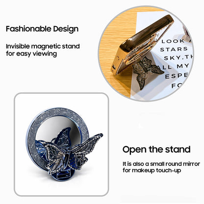 Butterfly-shaped magnetic stand with round mirror on a white background