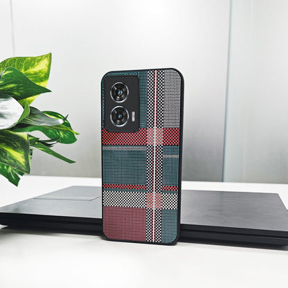 Motorola Edge 50 Fusion 5G Phone case with plaid pattern on a desk with laptop and plant
