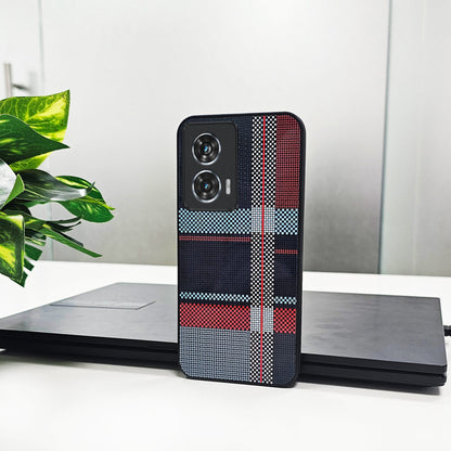 Motorola Edge 50 Fusion 5G Phone case with plaid pattern on a desk with laptop and plant