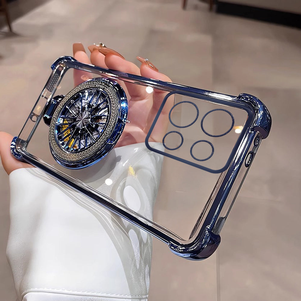 Clear phone case with blue accents held by a hand