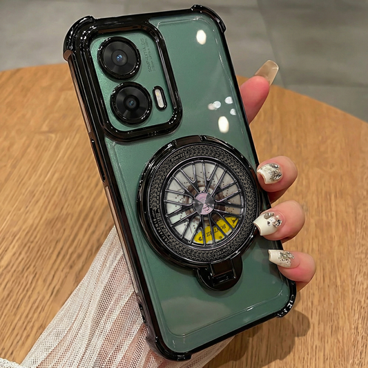 Phone case with a wheel design held by a hand on a wooden surface