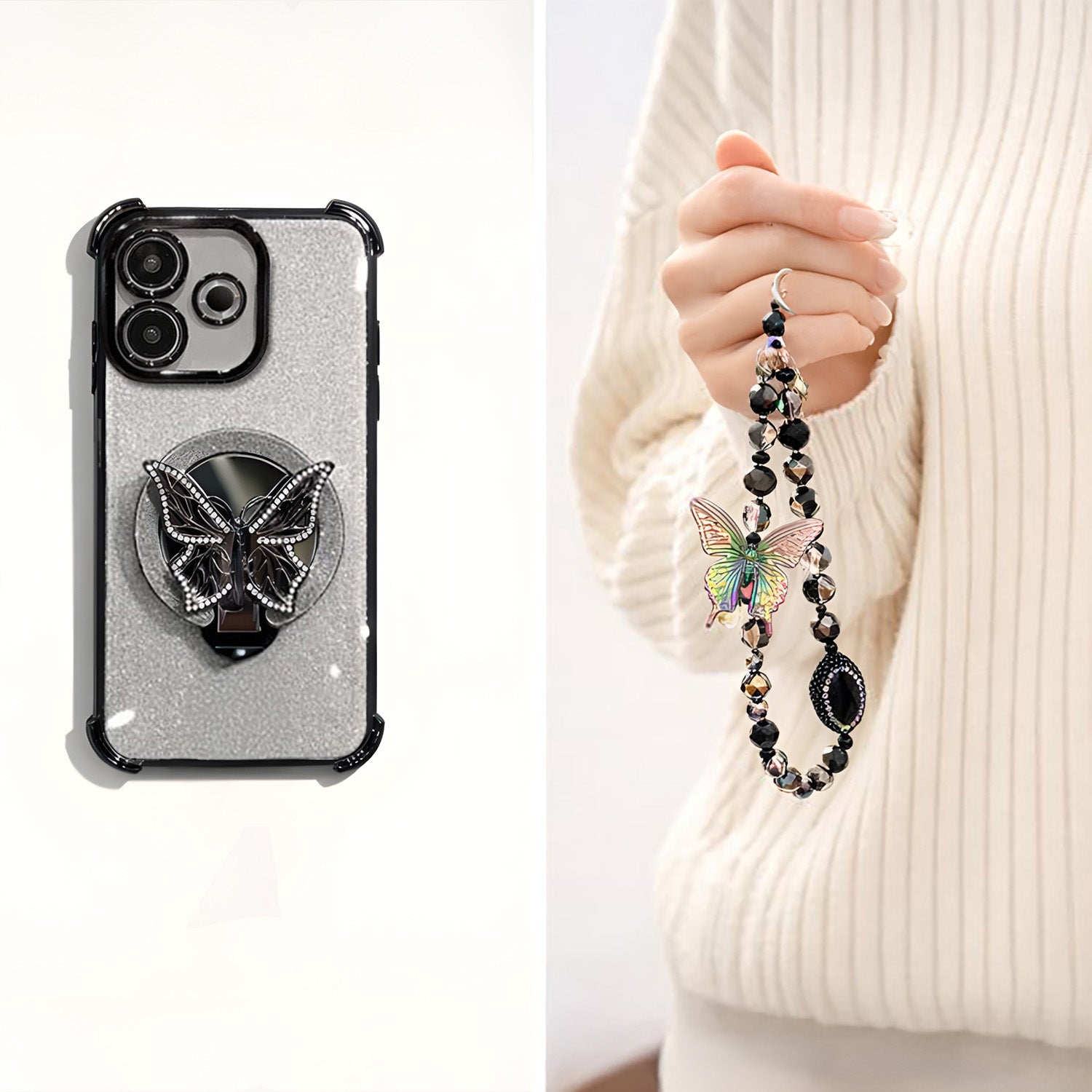 Oppo A5 Pro 5G Phone case with butterfly design and beaded keychain held by a person wearing a white sweater.