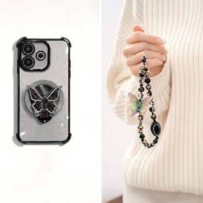 Oppo A5 Pro 5G Phone case with butterfly design and beaded keychain held by a person wearing a white sweater.