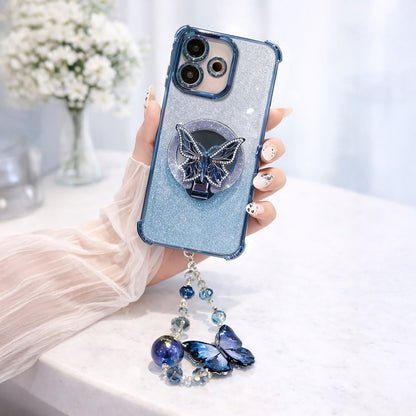 Oppo A5 Pro 5G Phone case with butterfly design and blue beads held by a hand.