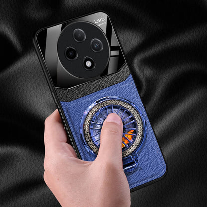 Blue oppo case with a textured design held by a hand on a dark background
