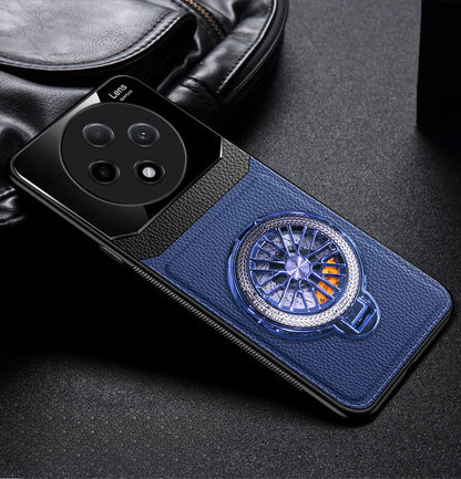 Blue oppo case with car wheel design on a dark surface