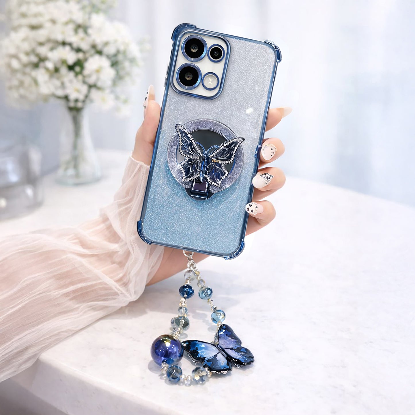 Oppo Reno 13 5G Shockproof Shimmer Butterfly Stand Case with Charm Strap