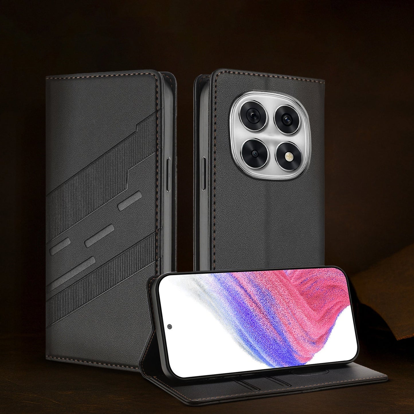 Black phone case with a phone displaying a colorful screen on a dark background