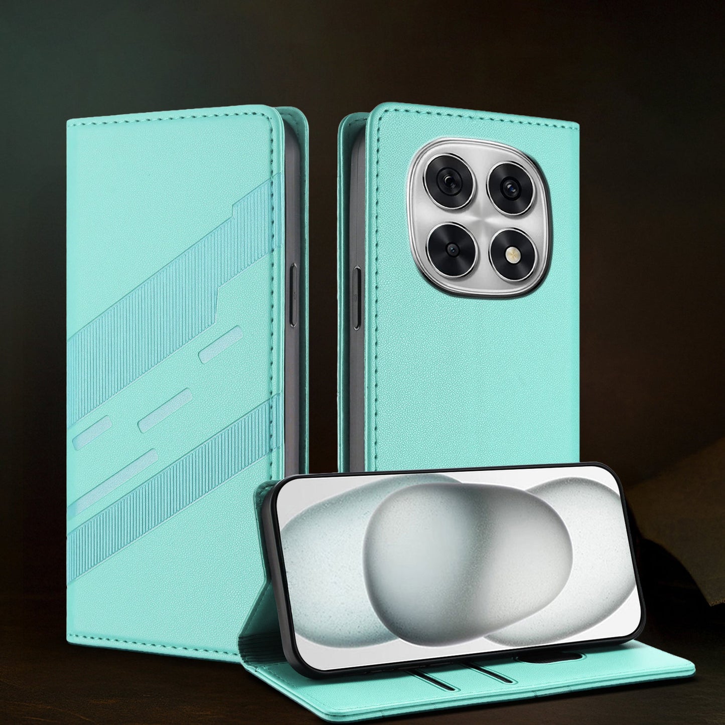 Teal phone case with geometric design on a black background