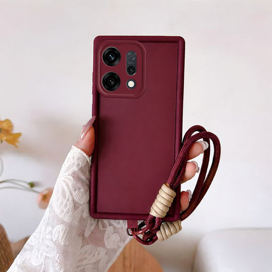 Oppo Reno 14 5G Maroon phone case with a strap held by a person wearing a white lace sleeve.