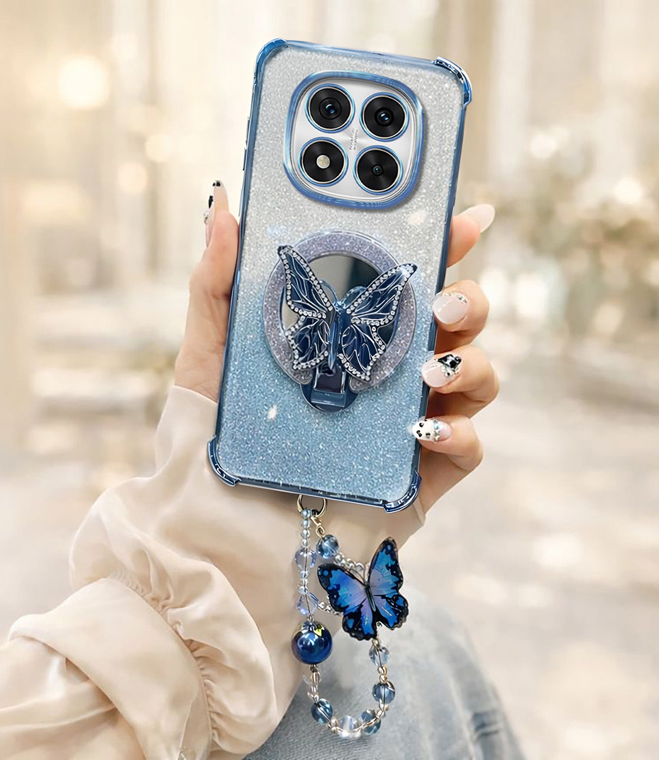 Redmi Note 14 Pro+ 5G Shockproof Butterfly Stand Case with Charm Strap