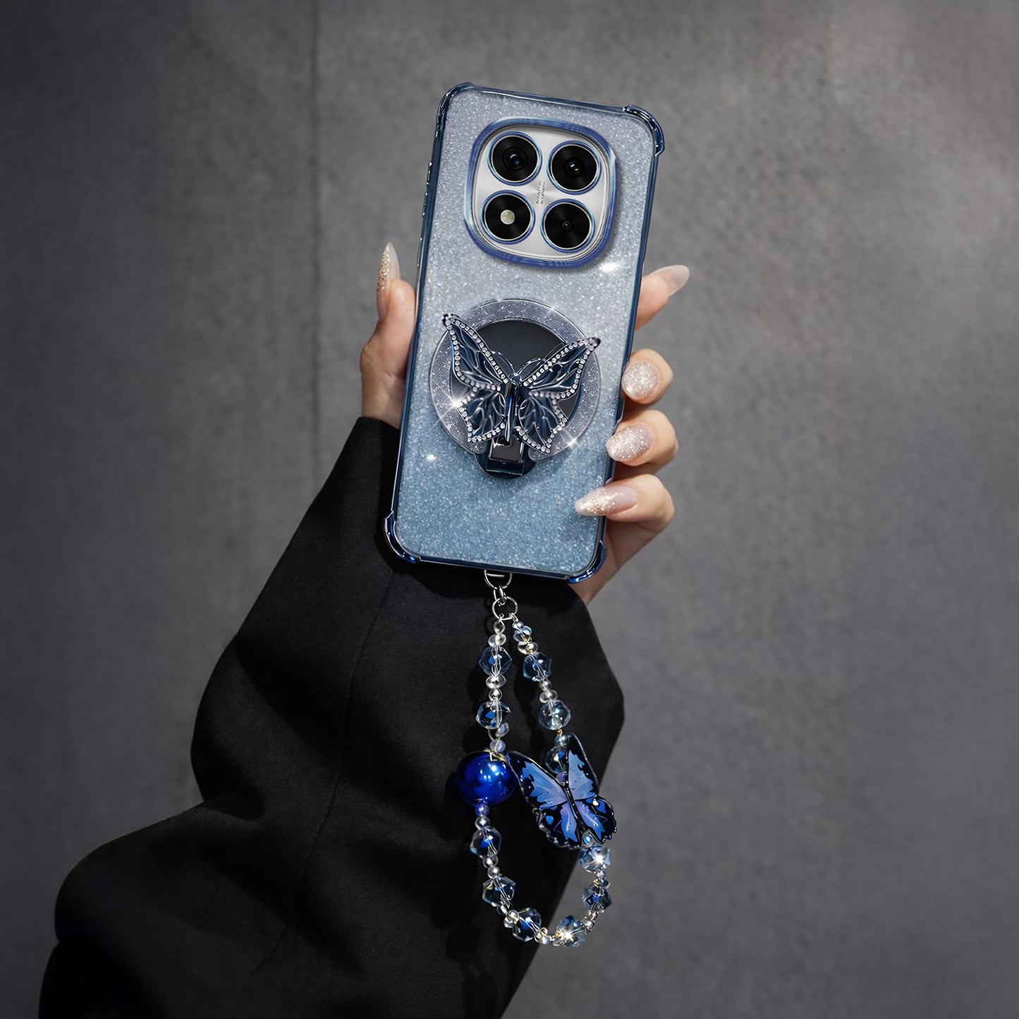 Redmi Note 14 Pro+ 5G Shockproof Butterfly Stand Case with Charm Strap