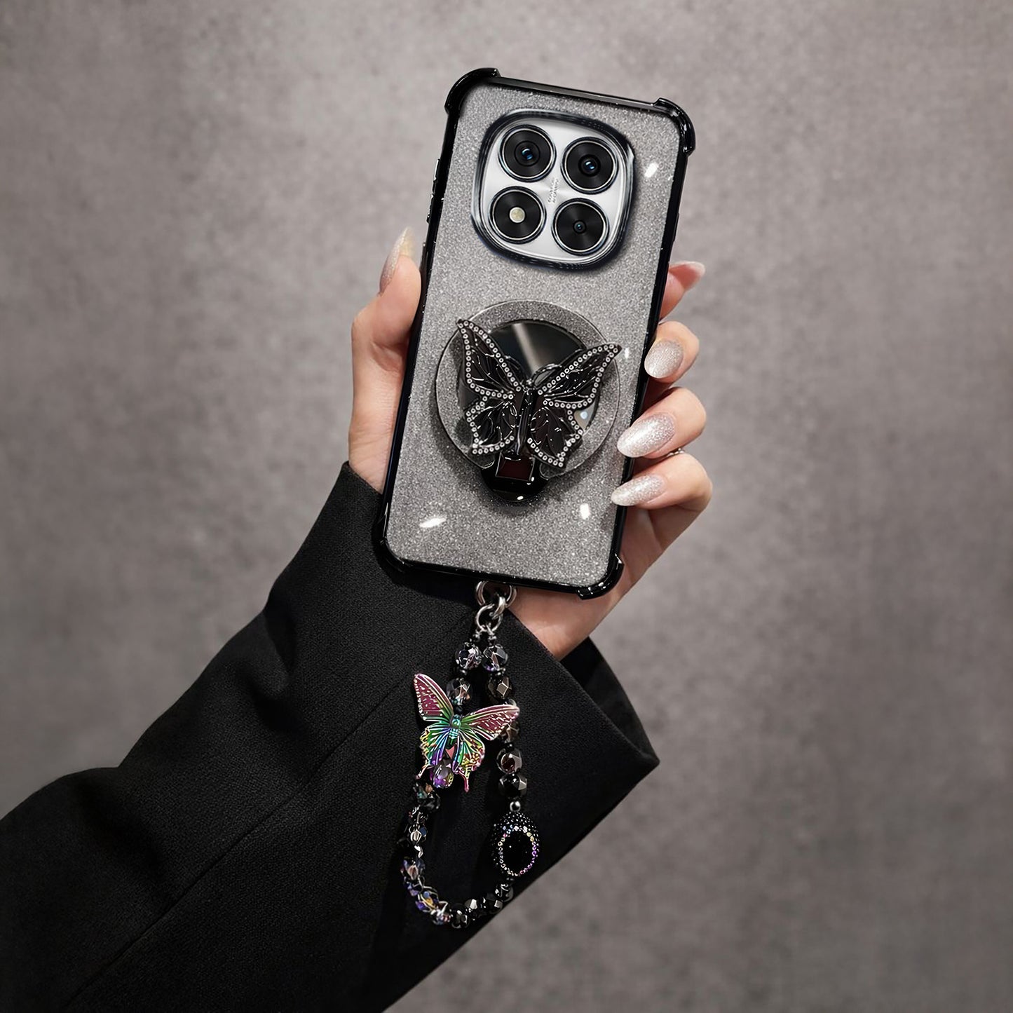 Redmi Note 14 Pro+ 5G Shockproof Butterfly Stand Case with Charm Strap