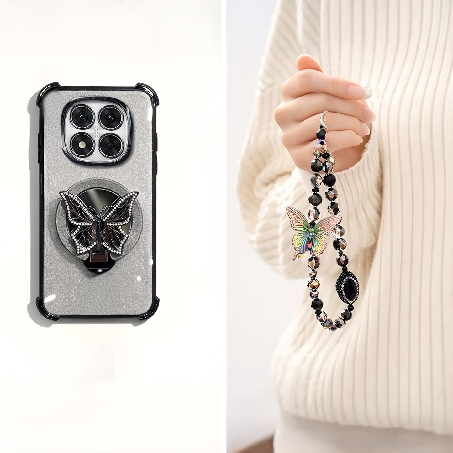 Redmi Note 14 Pro+ 5G Shockproof Butterfly Stand Case with Charm Strap