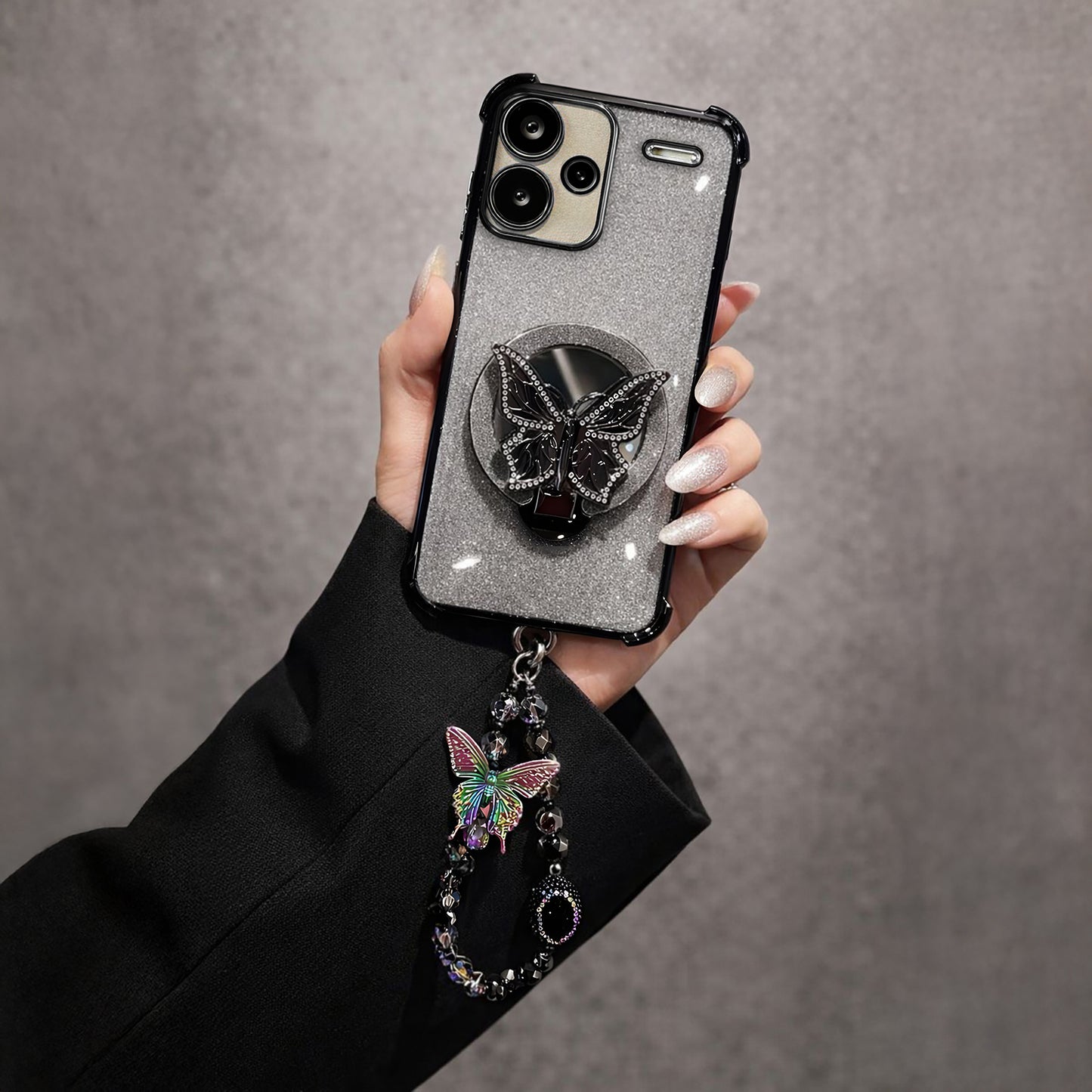 Redmi Note 13 Pro+ 5G Shockproof Butterfly Stand Case with Charm Strap