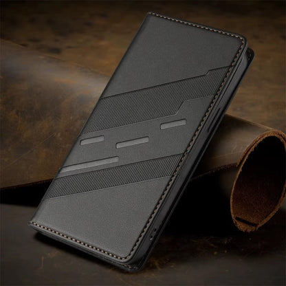 Black leather wallet on a dark brown surface