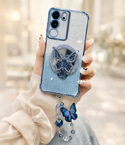 Vivo V29 5G Shockproof Butterfly Stand Case with Charm Strap