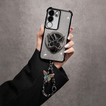 Vivo V29 5G Shockproof Butterfly Stand Case with Charm Strap