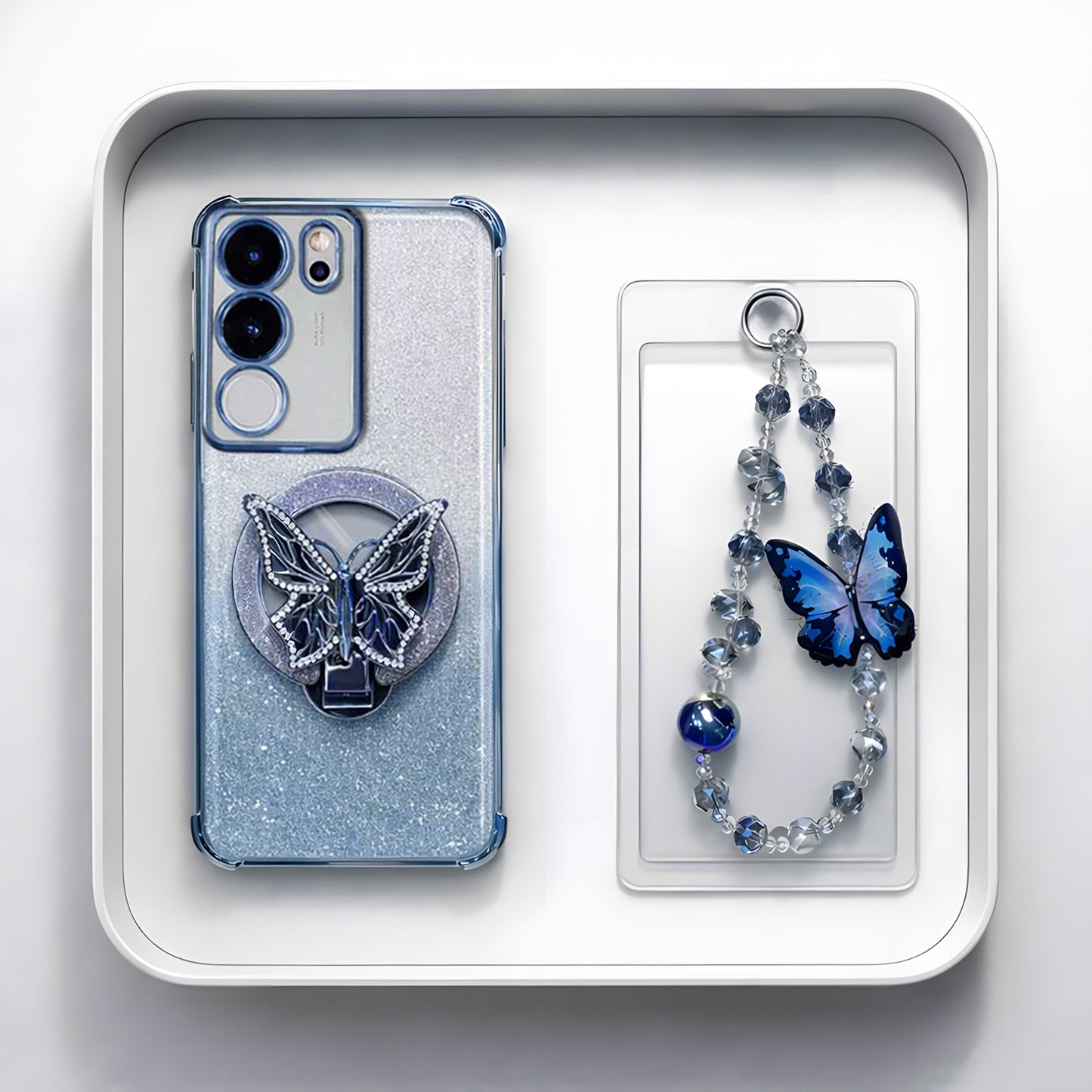 Vivo V29 5G Shockproof Butterfly Stand Case with Charm Strap