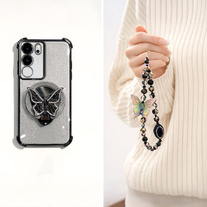 Vivo V29 5G Shockproof Butterfly Stand Case with Charm Strap