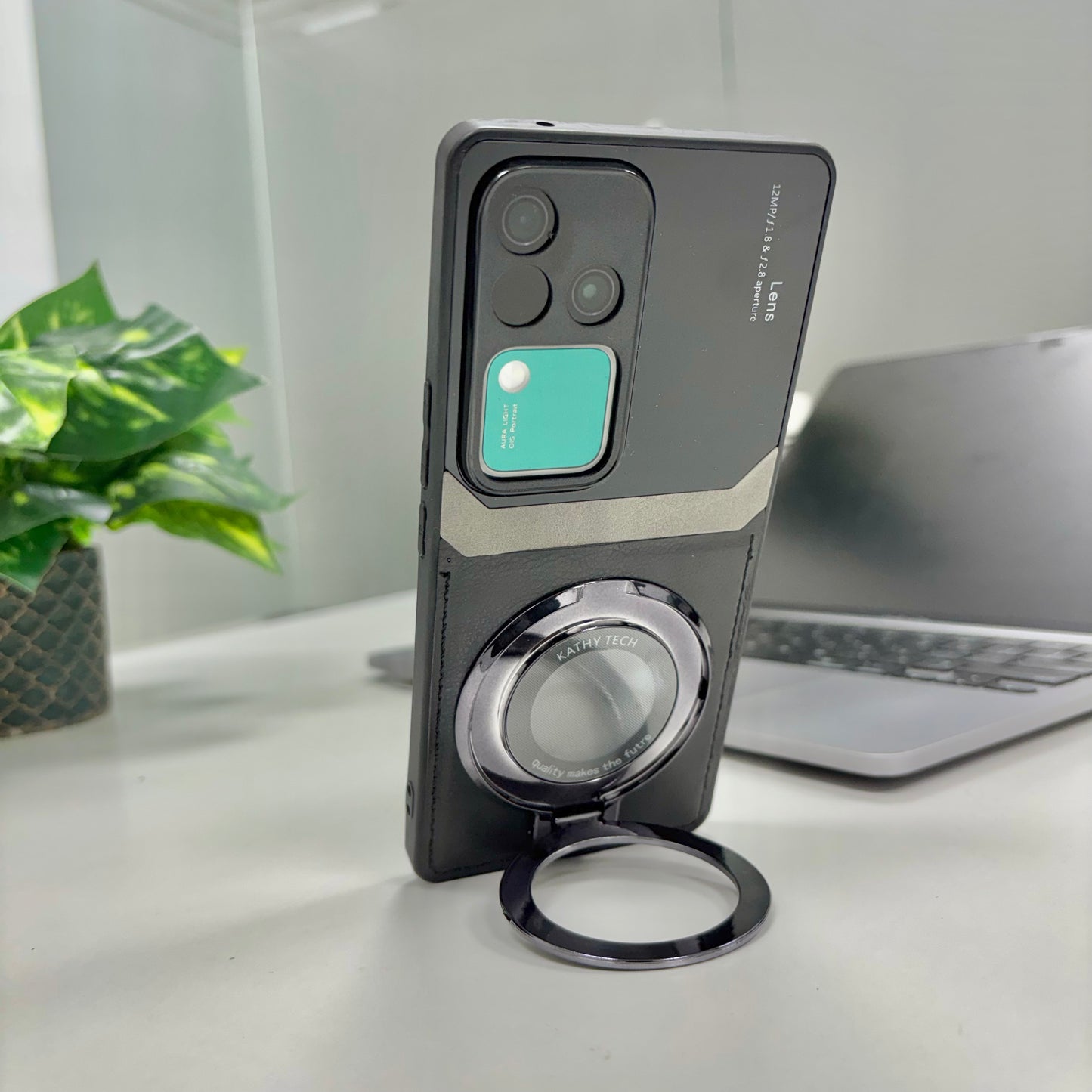 Vivo V30 Pro 5G Original Luxury Leather Lens Magnifier Ring Stand Case