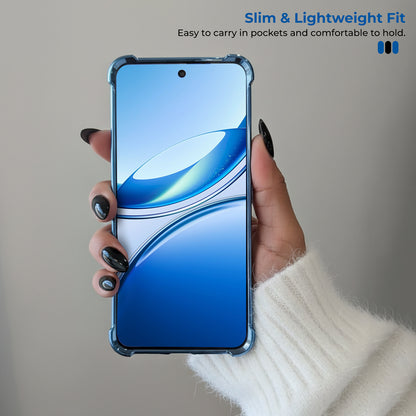 Hand holding a smartphone with a clear case, showcasing slim and lightweight design.