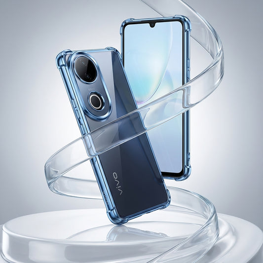 Vivo V50 5G Smartphone with a clear case on a reflective surface