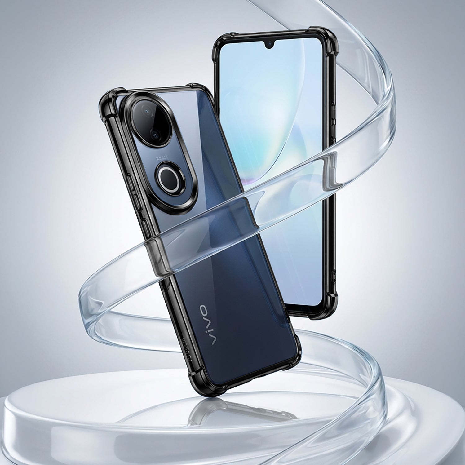 Smartphone with a clear protective case on a transparent stand against a light gray background