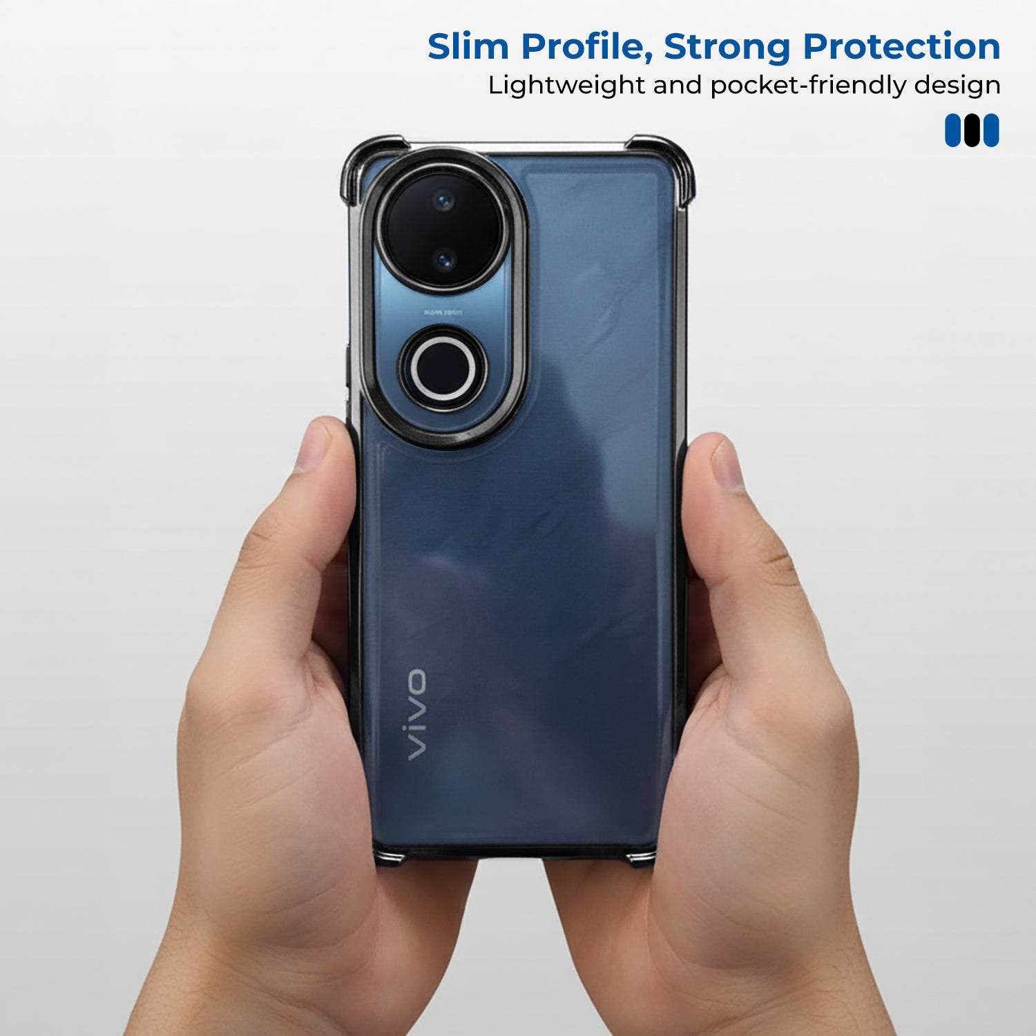 Phone case held by hands with 'vivo' branding, text about slim profile and protection on a white background