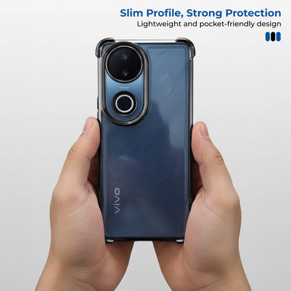 Phone case held by hands with 'vivo' branding, text about slim profile and protection on a white background