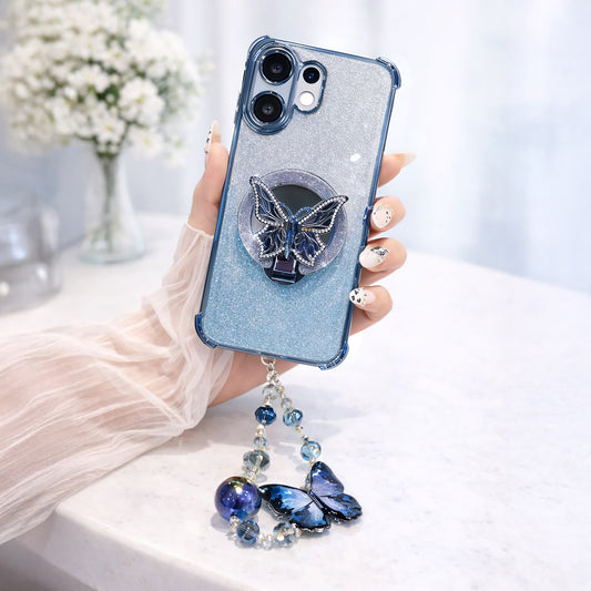 Vivo V60 5G Phone case with butterfly design and dangling beads held by a hand.
