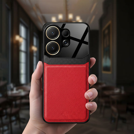 Vivo V60 5G Phone case with red leather back and black glass front held in a hand, blurred interior background