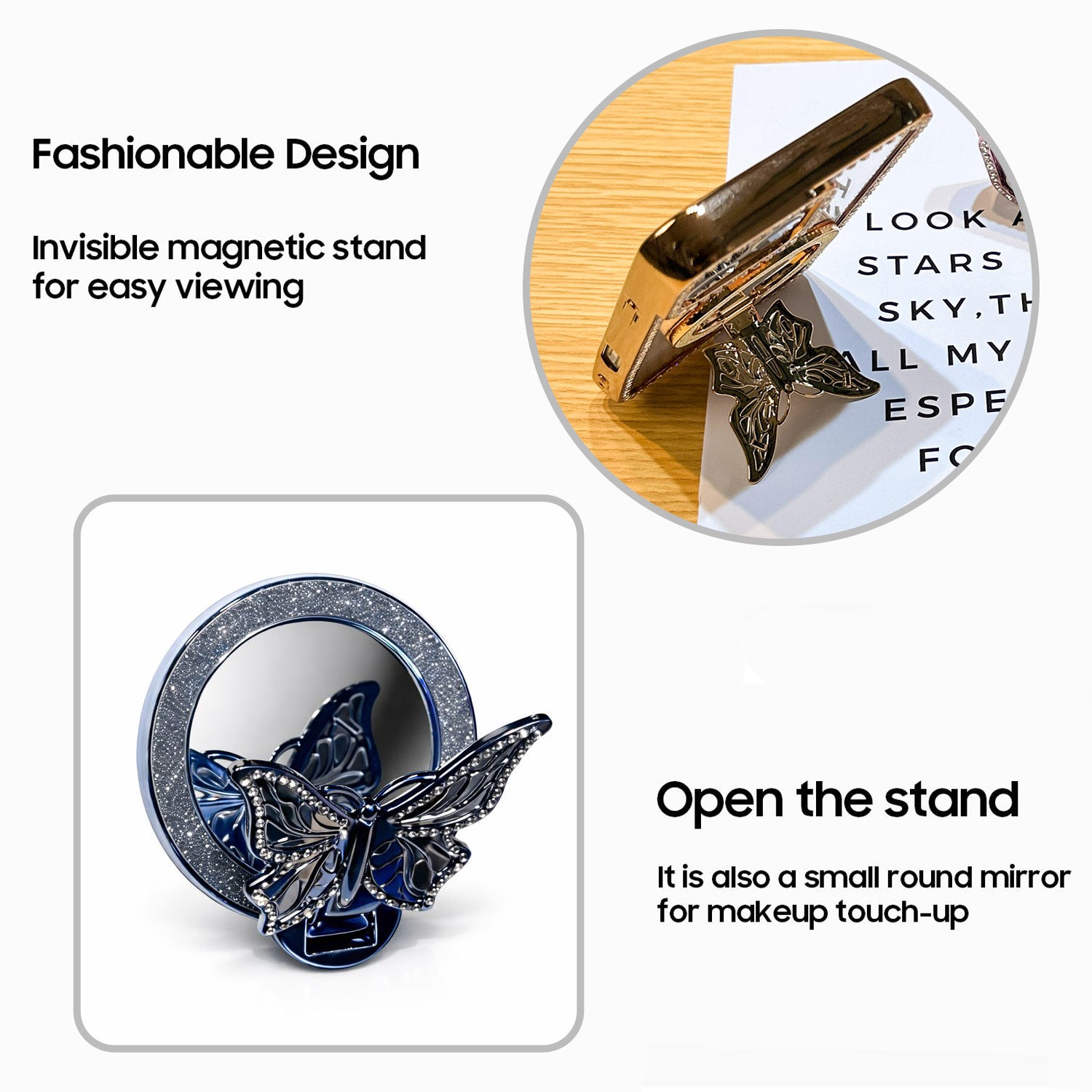 Vivo V60 5G cover Butterfly-shaped magnetic stand with round mirror on a white background