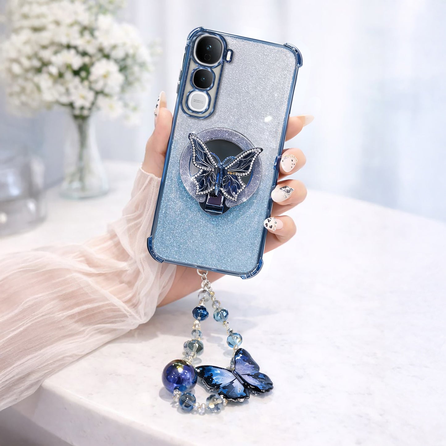 Vivo Y400 Pro 5G Shockproof Butterfly Stand Case with Charm Strap