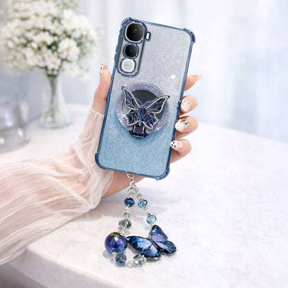 Vivo Y400 Pro 5G Shockproof Butterfly Stand Case with Charm Strap