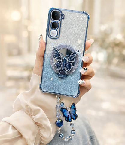 Vivo Y400 Pro 5G Shockproof Butterfly Stand Case with Charm Strap