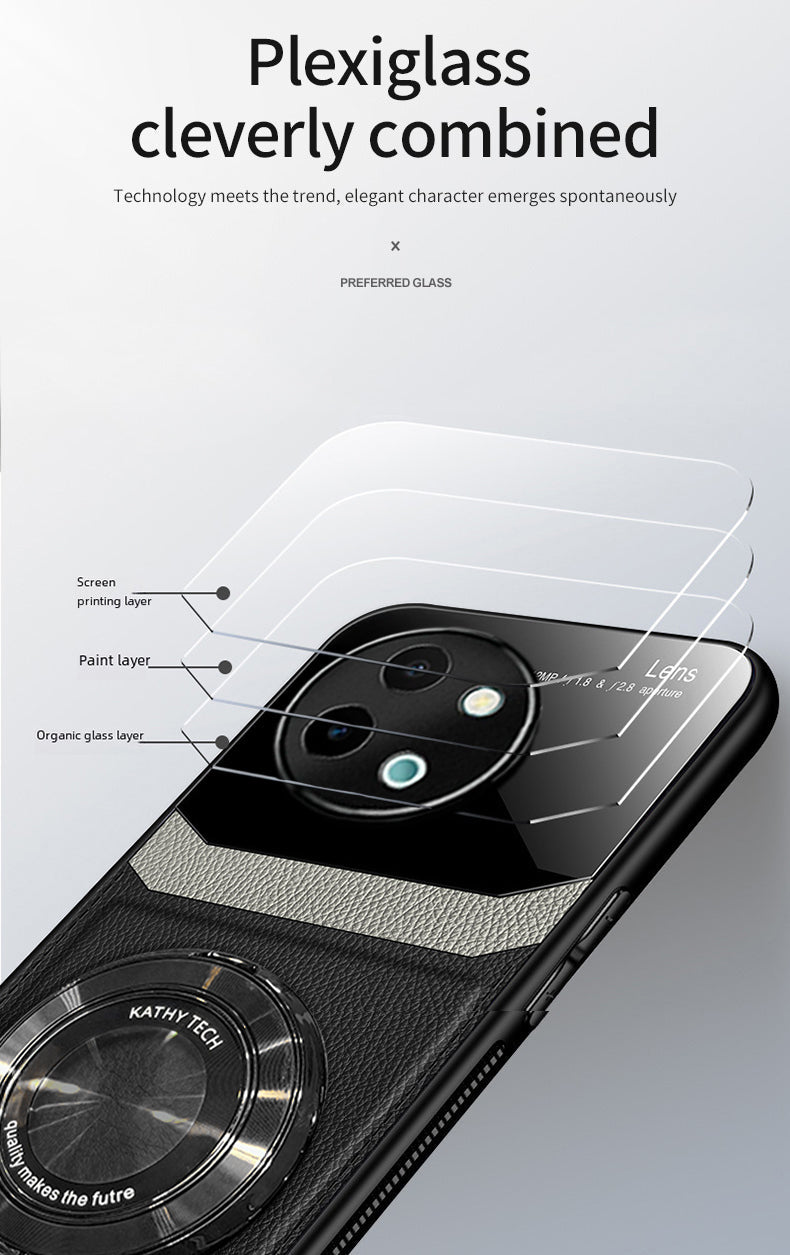 Vivo Y58 5G Original Luxury Leather Lens Magnifier Ring Stand Case