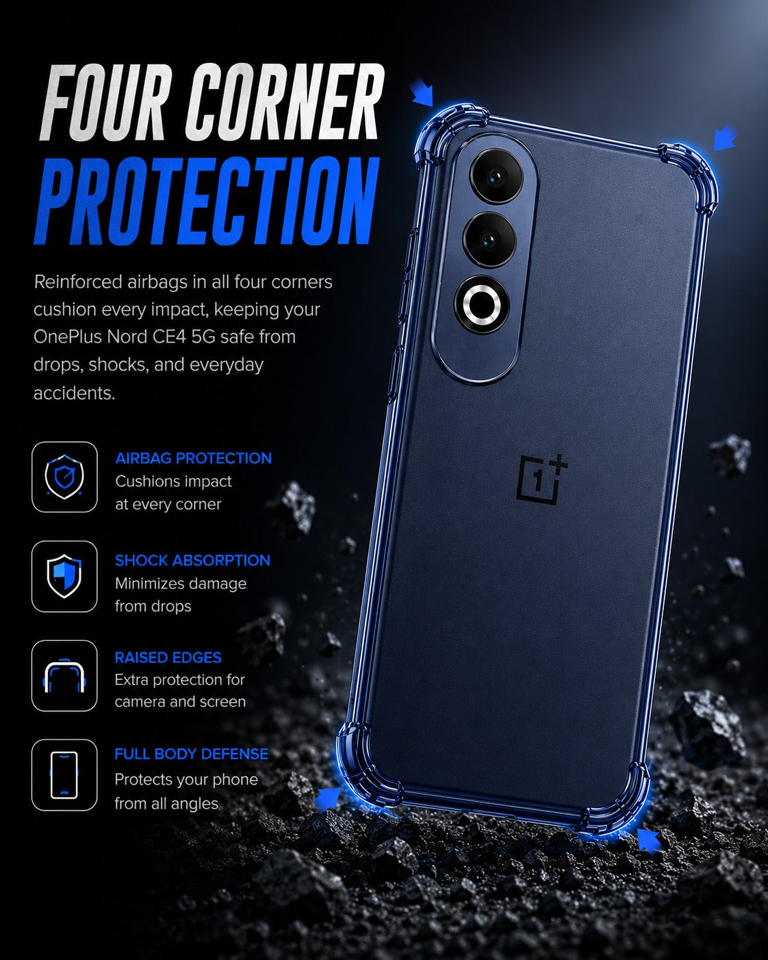 OnePlus Nord CE4 5G Transparent Shockproof Case With Airbag Corners