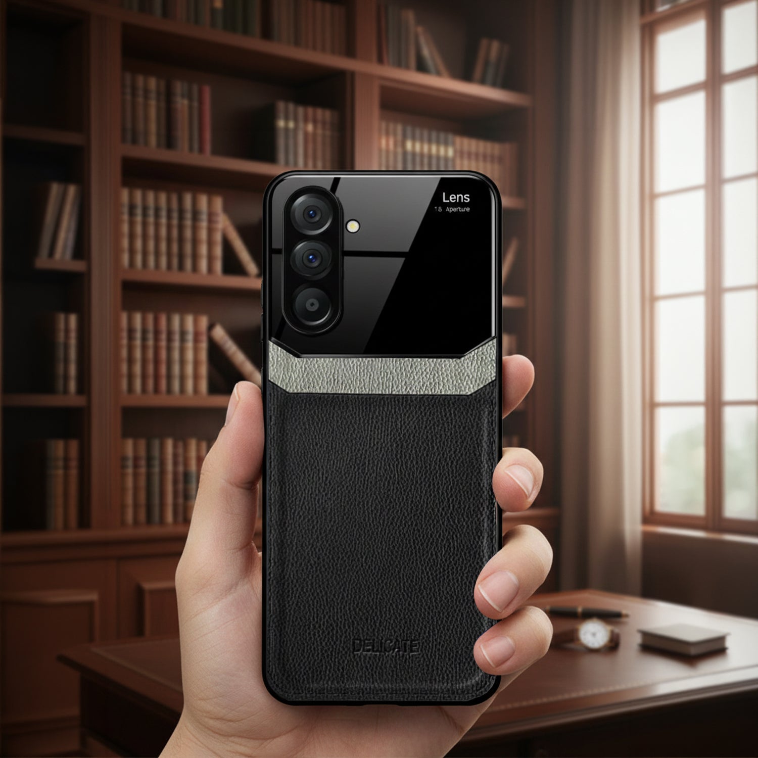 Hand holding a Samsung Galaxy A56 5G black phone case with a bookshelf in the background
