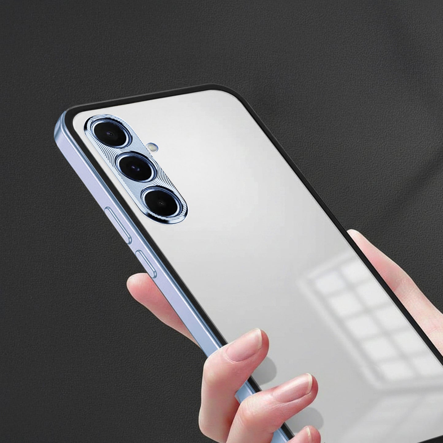 Samsung Galaxy A55 5G Phone case being held by a hand on a dark background