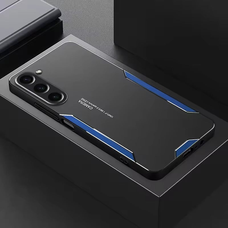 Black phone case with blue accents on a dark surface