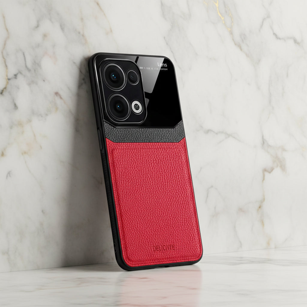 Oppo Reno 13 5G Phone case with red leather back and black front on a marble surface