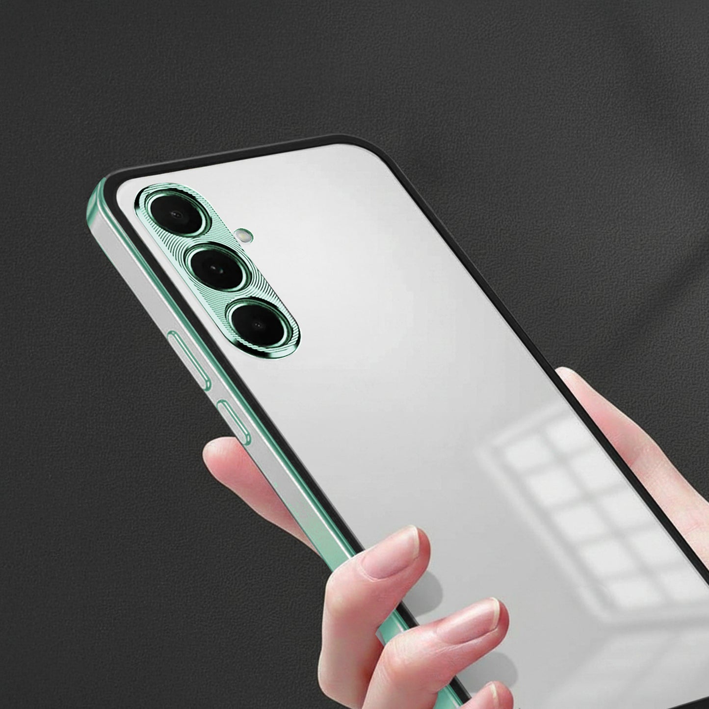 Samsung Galaxy A55 5G Phone case with green trim held by a hand on a dark background