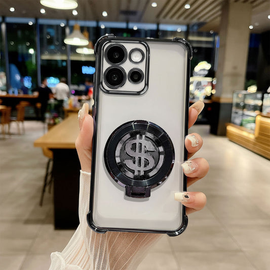 Phone case with dollar sign design held by a person in a blurred indoor setting
