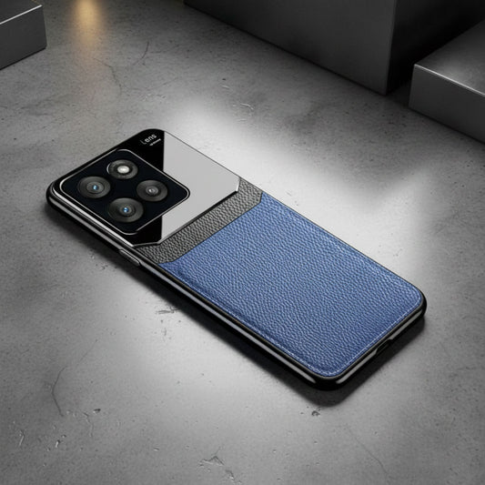 Motorola Edge 60 Fusion 5G Phone case with blue leather back and black sides on a gray concrete surface