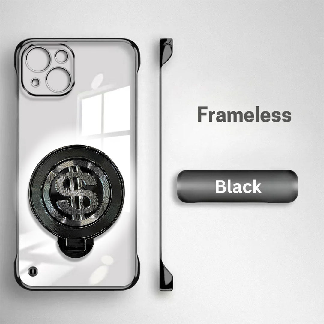 Black phone case with dollar sign design on a gray background