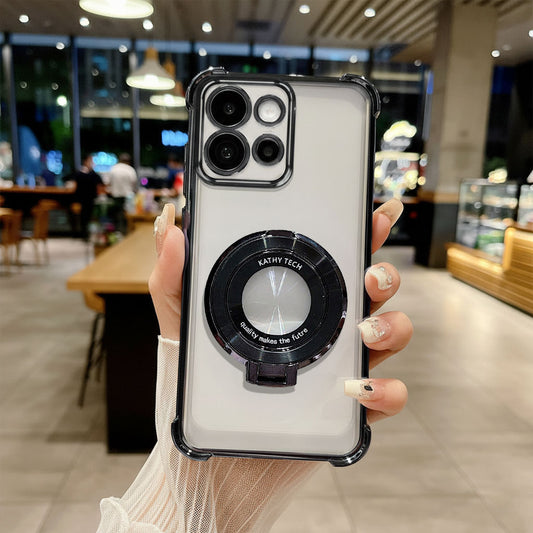 Phone case with camera lens design held by a hand in a blurred indoor setting