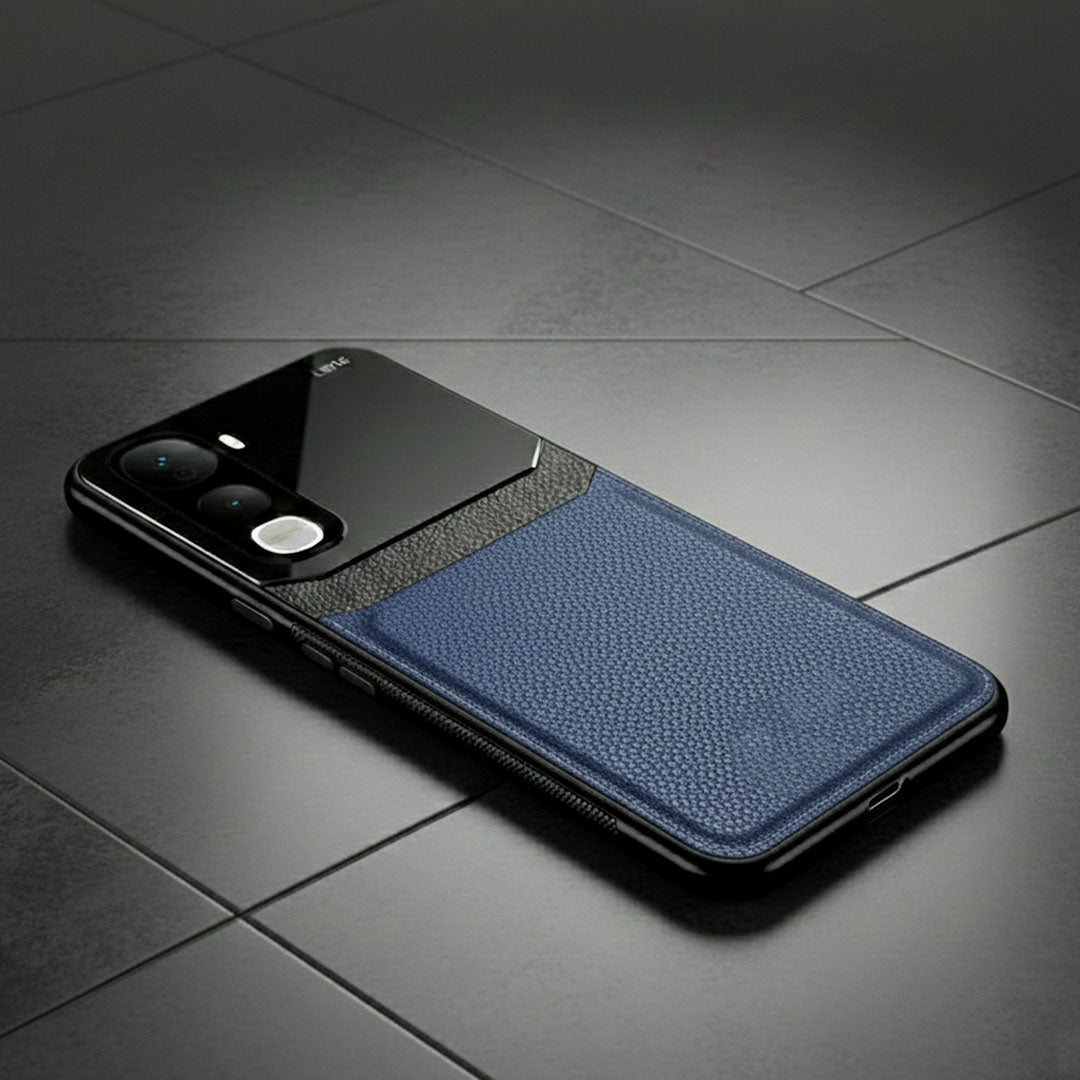 Vivo Y400 Pro 5G Phone case with blue leather back on a dark tiled floor