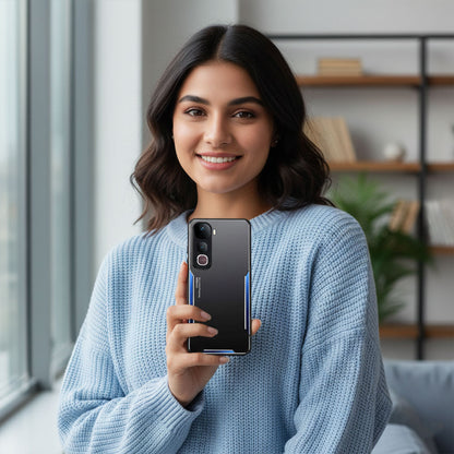 Woman holding a smartphone in a home setting