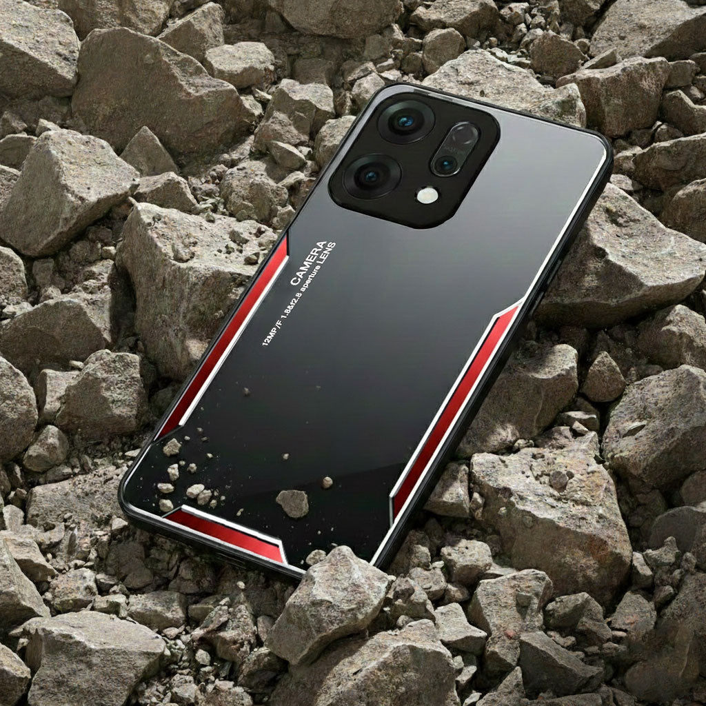Oppo Reno 14 5G Phone case with red accents on a rocky surface